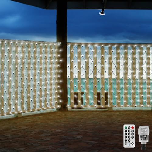 CORST 4.5X1.5M Lichternetz Außen mit Stecker, Mesh Netzlichter Outdoor baum Garten Lichterkette Aussen für Büsche,Wasserfest Grüner Draht,mit Fernbedienung und Timer für Hochzeit Innen(Weiß)