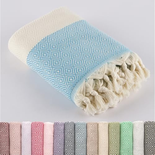 LUCIDUS 100X180 Serviette de Plage, Serviette de hammam, Serviette de Sauna, Serviette de Bain, Couverture de Pique-Nique,% 100 Coton, pour Femmes et Hommes, Extra légère (Diamant Turquoise), LUCID001
