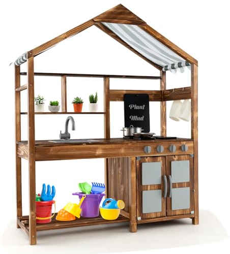 HOMASIS Jouet Cuisine pour Enfants avec Toit Textile, Cuisine extérieure avec Tableau en Bois d'épicéa/évier/évier/Pots, Cadeau pour Enfants à partir de 3 Ans, 100 x 42 x 126 cm, Marron