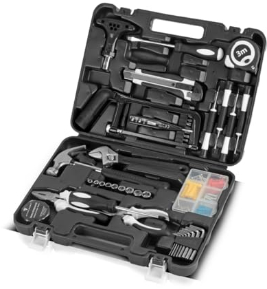 STAHLWERK Heimwerker Set HTS-45 ST Werkzeugkoffer | Tool Box | Werkzeugkasten mit 44-teiligem Werkzeug Set aus Schraubendrehern, Steckschlüsseln, Zangen, Hammer, Säge, Maßband, Bit-Set und Zubehör