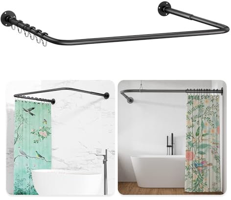 L Shaped/U Shaped Shower Curtain Rail, [60-92]X[78-198]X[60-92]cm Adjustable Shower Curtain Pole, Wall Mounted Curved Shower Rail With 12 Rings & Ceiling Support For Bathroom Bathtubs, Need Drilling