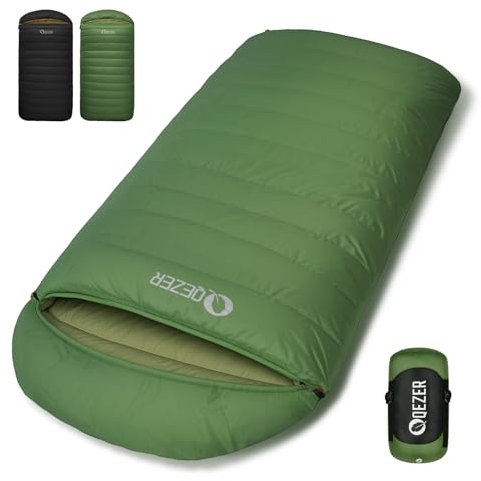 QEZER XXL Daunenschlafsack 3-4 Jahreszeiten extra großer Schlafsack 230cm x100cm, leicht und warm Daunen Schlafsack geeignet für Erwachsene im Freien Camping, Wandern und Rucksackreisen (grün)