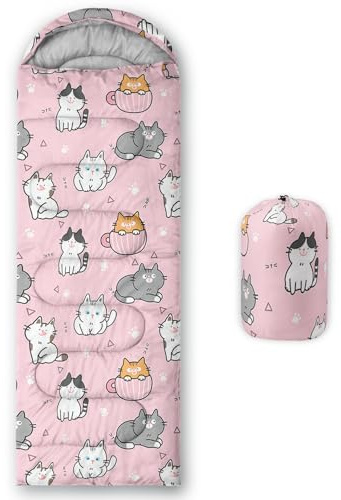 HOSIMA Sacco a pelo per bambini con stampa di gatti, leggero, caldo, portatile, per esterni e interni, impermeabile, resistente al freddo, per campeggio ed escursionismo (gatti-a)