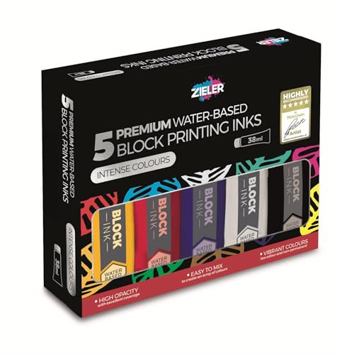 5 Water-Based Block Printing Inks | Black, Blue, Red, White & Yellow | 38ml High Concentration Tubes | Easy-to-Mix | High Opacity - by Zieler