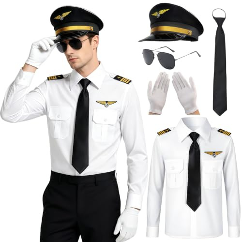 Boyigog Pilot Costume Adults Captain Uniform Pilot Shirt Fancy Dress Accessories with Hat Sunglasses Tie Gloves, Halloween Carnival Cosplay Captain Outfit Theme Party (L)