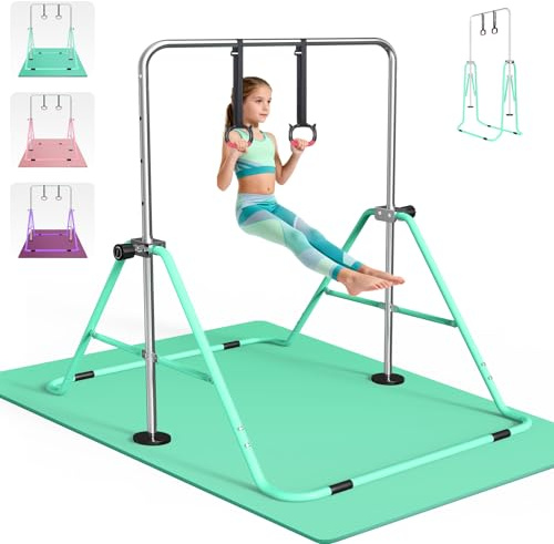 FBSPORT Barra de Gimnasia Artistica para Niñas con Tapete, Altura Ajustable y Anillos, Plegable Equipo de Gimnasia para Entrenamiento en Casa, Barra de Entrenamiento de Gimnasia Expandible Junior