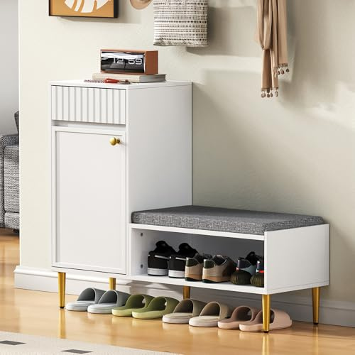 LLGWGL Moderna scarpiera con panchina, design elegante, seduta imbottita e spazio 3 in 1, per corridoio, camera da letto, spogliatoio, 100 x 35 x 82,2 cm, colore bianco