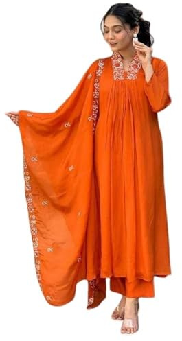RangMahal Store Women’s Cotton Anarkali Kurti Pant Dupatta Set | Flared 3-Piece Indian Ethnic Dress for Women | Traditional Outfit for Festive, Wedding Guest, Party & Evening Wear- X-Large