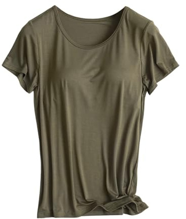 Generisch 2026 - Camiseta con sujetador integrado para mujer, tops activos acolchados, manga corta, blusas, camisas casuales suaves para entrenamiento, yoga, Verde militar., XXL