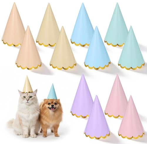 Aysatogc 12 sombreros de fiesta en colores pastel, sombreros de cumpleaños de cono colorido con estampado dorado para niños con cordones elásticos, tocados de fiesta para cumpleaños, baby shower