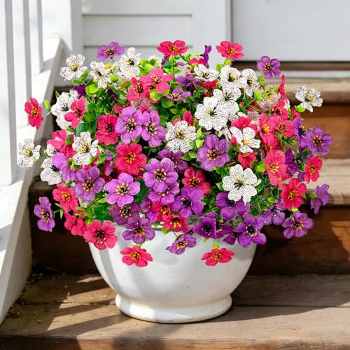 ROLLWAY 9 Bündel Kunstblumen wie Echt Künstliche Blumen Balkon für Draußen, Balkonpflanzen Kunstpflanzen Outdoor Wetterfest Seidenblumen & Plastikblumen UV-beständig für Außen (Lila, Rosenrot, Weiß)