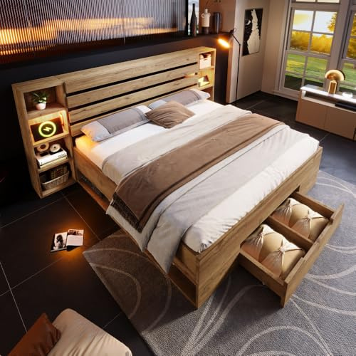 Cama de matrimonio de madera maciza 180 × 200 cm, armario de almacenamiento con iluminación LED y puerto USB, cabecero y cajones, somier de láminas de madera de roble (colchón no incluido)