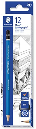 Staedtler Mars Lumograph, Crayons à papier 9H pour dessin technique et artistique, Boîte en carton avec 12 crayons 9H assortis, 100-9H VE