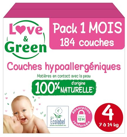 Love & Green - Couches Bébé Saines et Ecologiques - Taille 4 (7-14 Kg) - Pack 1 Mois (184 Couches) - Absorbante, anti-fuites et sans ingrédients indésirables