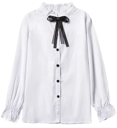 SOLOCOTE Blusa Scolastica in Cotone per Ragazze con Bottoni, Maniche Lunghe a Campana, Colletto a Pieghe e Fiocco per Primavera Estate Bianco 13-14 Anni