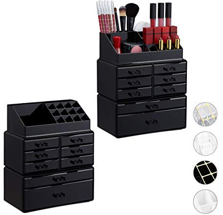 Relaxdays 2X Organizer Make-up con Cassetti, Contenitore Impilabile con Porta-Rossetti, in Acrilico, Nero