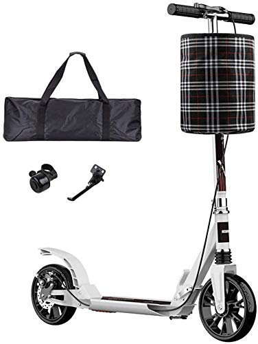 GTJF Monopattini a Spinta Calcio for Adulti Scooter con Grandi Ruote e Dischi Freno a Mano Pieghevole Doppia della Sospensione Commuter Scooter con Carry Bag E Basket Supporta 330lbs (Color : White)