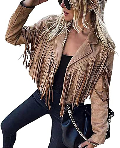 FeMereina Chaqueta de mujer con flecos y borla de manga larga solapa de piel de ante motorista chaquetas de motorista Top Casual Cárdigans Outwear, café, L