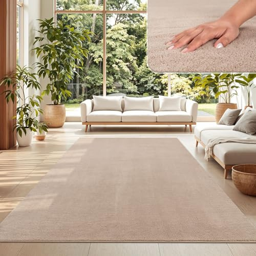 TT Home Wohnzimmer Teppich Kurzflor Anti-Rutsch Rückseite Unifarben Modern Waschbar, Farbe: Beige, Größe:160x220 cm