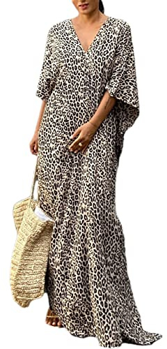 Bsubseach Leopard Print Beach Kaftan Dress for Women Caftan House Dress Swimsuit Cover Ups for Swimwear Yellow