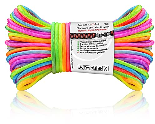 Ganzoo Paracord 550 cordino tipo 3, arcobaleno 4 mm 30 m, nylon/poliestere con 7 fili interni intrecciati, per campeggio e trekking, tenda e legature, bracciali, guinzagli e collari cane