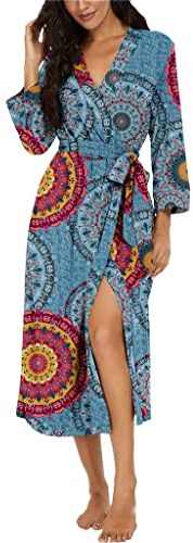 PrinStory Dammorgonrock, lätt 3/4 ärmar, morgonrock, v-ringad, kimono, kläder, långa nattkläder