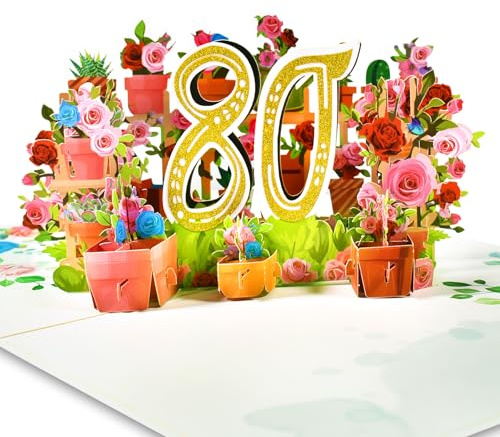 GREETING ART Födelsedagskort 80 år, Kort 80-års födelsedag, 80-års födelsedagskort, Pop Up-kort 80, 3D Pop Up-kort Födelsedagskort för kvinnor, mödrar, fruar, män, vänner
