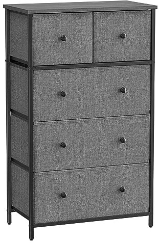 SONGMICS Chest of Drawers, Fabric 5-Drawer Storage Organiser Unit, Dresser, for Living Room, Hallway, Nursery, Grey and Black with Wood Grain LTS514G22