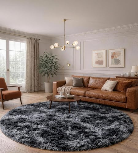MARATIP Teppich Rund Schlafzimmer 120 cm Dunkelgrau Wohnzimmerteppich Hochflor-Teppich Waschbarer rutschfest Weicher Flauschige Modern