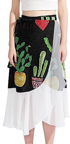 Women Beach Sarongs, Sheer Cover Ups Chiffon, Bikini Wrap Skirt for Swimwear, Cactus Plant Flowerpot Modern