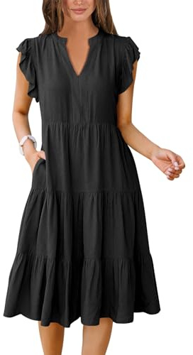 ANRABESS Womens Summer Dress Ruffle Sleeve V Neck Midi Dresses Fashion Casual Fit Flowy Tiered Boho Beach Vacation Sundress Black-XL