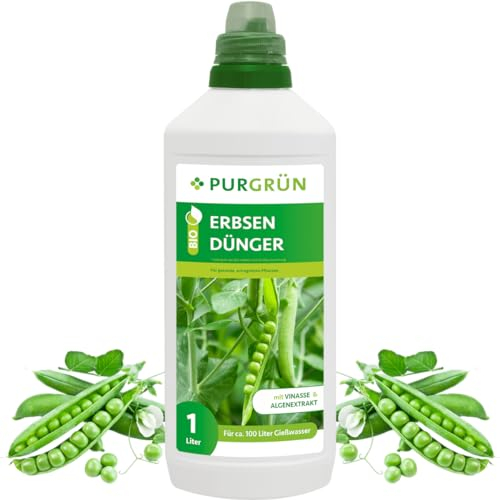 Purgrün® Bio-Erbsendünger 1 Liter – Organische Rezeptur – Premium-Flüssigdünger – NPK 4+1+7 – Mit Algenextrakt & Vinasse – Extra Kalium für eine knackige Erbsen – Ohne tierische Inhaltsstoffe