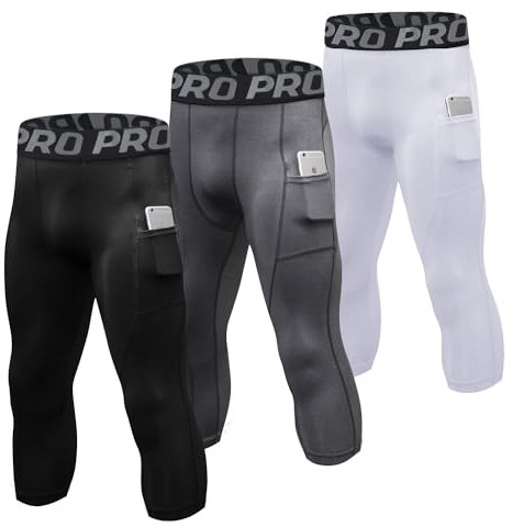 YUSHOW Pantalon de Compression Homme 3/4 Running Sport Legging Collant à Séchage Rapide Fitness Pantalon de Course a Pied Gym,Noir+Gris+Blanc,L