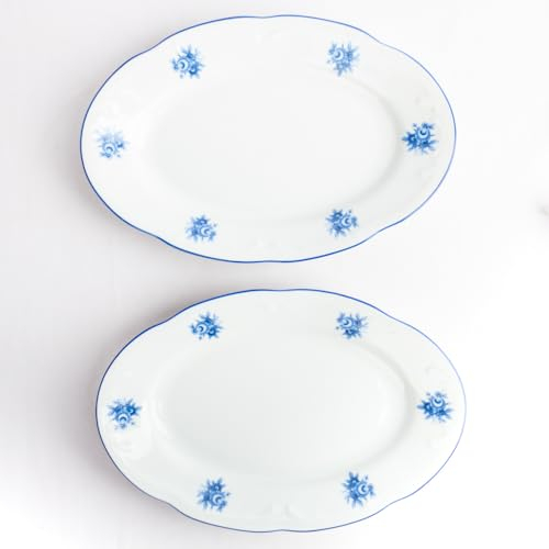 FranquiHOgar Bandejas Fuentes Rabaneras de Porcelana Premium Lubeck Blue, Diseño Elegante con Flores Azules, Apto para Microondas y Lavavajillas, 24 x 15 cm, Juego de 4