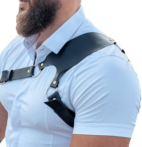 GENEMEN Mens Body Chest Belt Harness PU Leather Supporters Adjustable Shoulder Strap Sexy Party Cosplay Costume (C-Black)