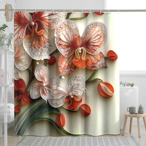 Paper Quilling Orchids Shower Curtain Set 62 W x 72 L, Art Floral Bathroom Decor, 3D Flower Printed Fabric Bath Accessories