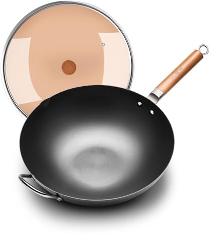 WANGYUANJI Carbon Steel Wok 14.2, Large Nitriding Flat Bottom Stir Fry Pan with Lid, No Chemical Coating Rust Resistant Iron Skillet for Induction Electric Gas Stoves, Big Capacity Serves 6+