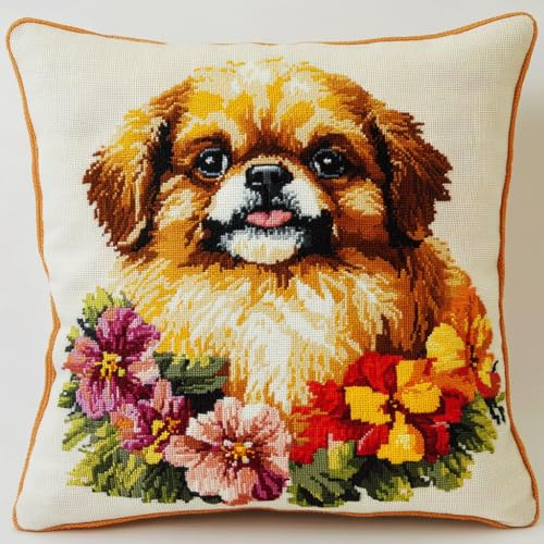 ASONGLINGO Kit de Almohada con Gancho, Animales perros y flores Funda de Almohada Preimpresa, Hilos de Ganchillo, Cojín de Gancho,Kit Cojin Gancho de Pestillo 43x43cm