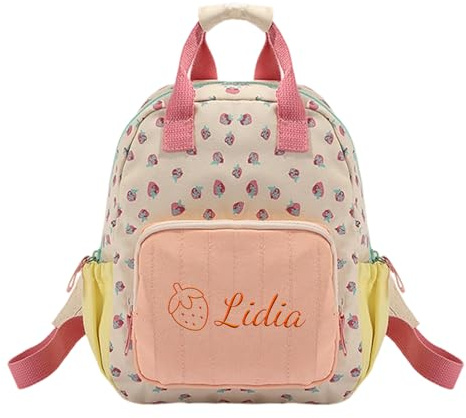 Générique Sac Dos Fille Personnalisé avec Nom Brodé, Mini Sac à Dos Enfant 23x28cm, Sac à Dos Bebe Design Fraise pour Petites Filles (2-5 Ans)