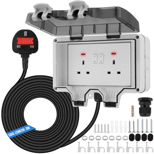 Outdoor Double Socket with 3m Extension Lead – 13A IP66 Waterproof 2-Gang Plug Socket with Switch & LED Indicator for Garden,Shed,Garage & Outdoor Use
