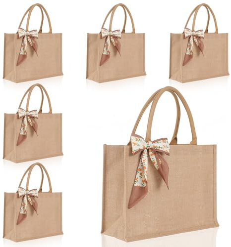 QUINTELLO Large Jute Tote Bag Set. Durable, waterproof and reusable. The ribbon pairs with any outfit, for any occasion. (6 Pack)
