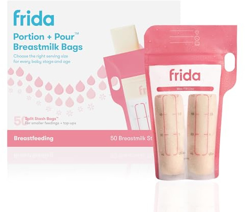 Frida Mom Breastmilk Storage Bags, 50ct Splitstash Freeze & Thaw Milk Bags for Breastmilk, Splits Bag into Two 2oz Portions, Leakproof Seal, Perfect Pour Spout, No Slip Finger Grip, BPA Free, 4oz Bag