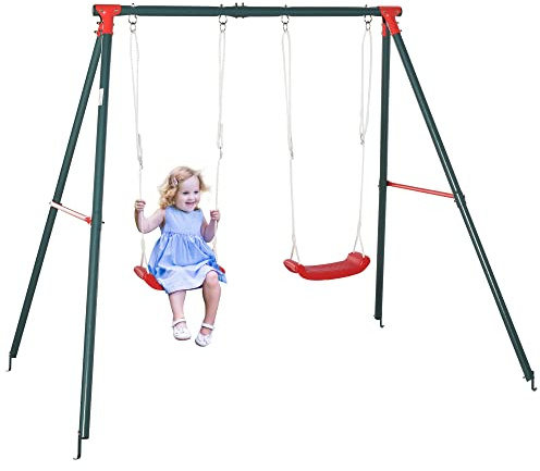 Outsunny Altalena Doppia per Bambini 3+ Anni con Struttura in Metallo, Altalena da Giardino con Corda Regolabile, Gioco da Esterno, Max 45 kg, 239x156x180 cm, Verde e Rosso