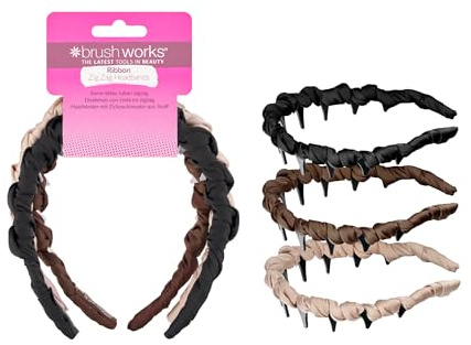 Brushworks Ribbon Zig Zag Headbands 3 Pack – 90s Inspired Ribbon-Wrapped Hairbands in Black, Brown & Beige, Satin, Ruched, Comfortable, Stylish & Secure Everyday Hair Accessories