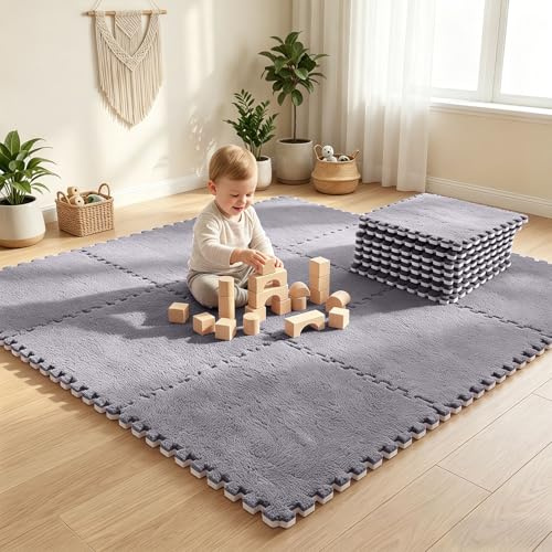 Penbinmall Lot De 12 Tapis Puzzle Emboîtables En Peluche, 30 X 30 Cm, Tapis De Sol En Mousse EVA Pour Bébé, Salon, Chambre À Coucher, Gris