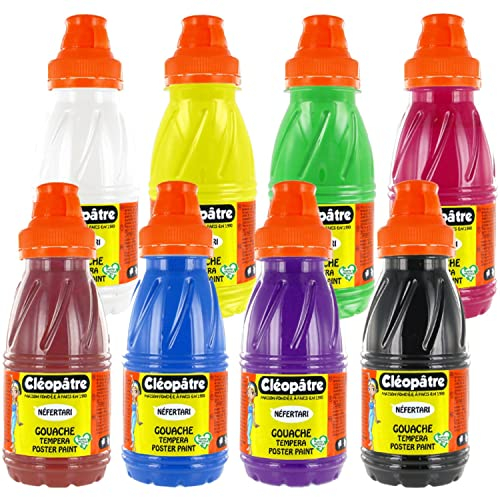 CLEOPATRE – Lot de 8 Bouteilles de Peintures Gouache de 250ml - Couleurs Assorties Lavables – École et Loisirs Créatifs pour Enfant