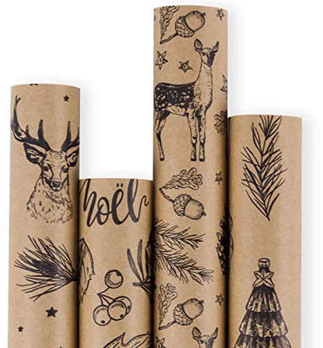 RUSPEPA Christmas Wrapping Paper Roll - Brown Kraft Paper with Black Christmas Elements Print - 4 Roll - 76cm X 305cm Per Roll