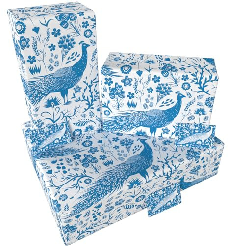 Luxury ECO Gift Wrap - 3 sheets/tags - Blue Peacocks - Birthday - Recycled & Recyclable Wrapping Paper - Re-wrapped - for Her Women Female Wife Adult