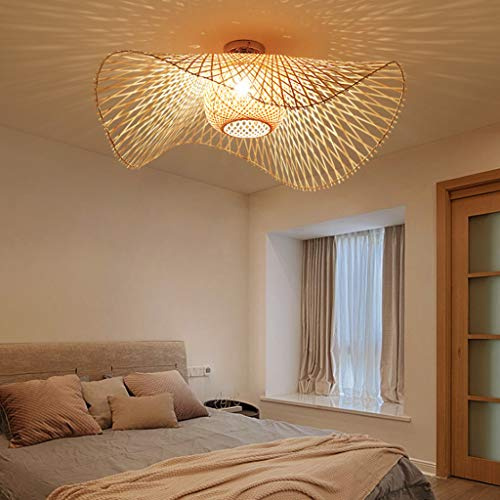 Rétro Lustres Lumière Naturelle De Bambou Et Plafonnier Rotin Vintage E27 Éclairage Plafond Tissées Main Pour Manger Chambre Salon Bar Café Pendentif Cuisine Lampe Suspendue Couloir Suspension,48cm