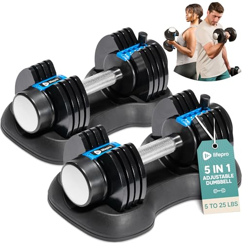 LifePro Powerflow Plus Adjustable Dumbbell Set of 2 with Rack – 5 to 25 lb Pair, Quick-Adjust Dial, Anti-Slip Grip, Space-Saving Hand Weights for Men & Women for Home Gym Strength Training